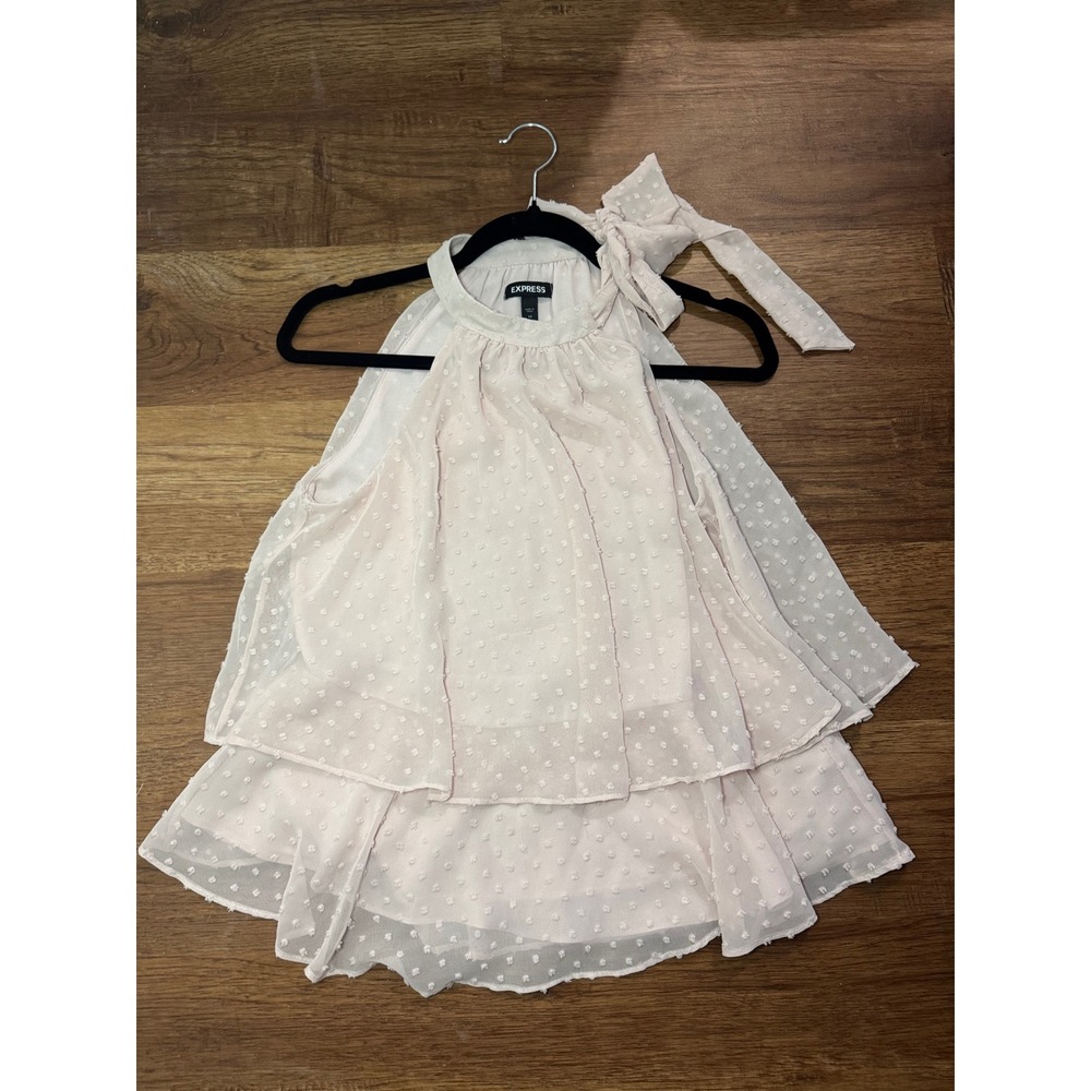 Express Womens Pink Clipped Dot Halter Neck Tiered Ruffle Blouse Top XS 02633